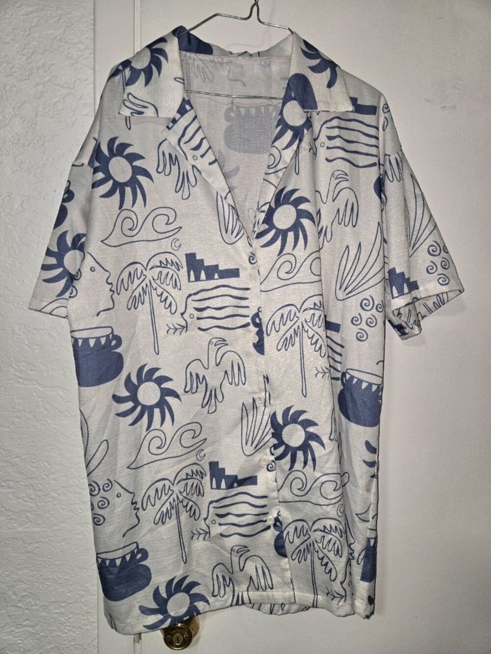 Blue White Mediterranean Print Matching Shirt Shorts Set Size Small Resort Coast - Picture 2 of 7